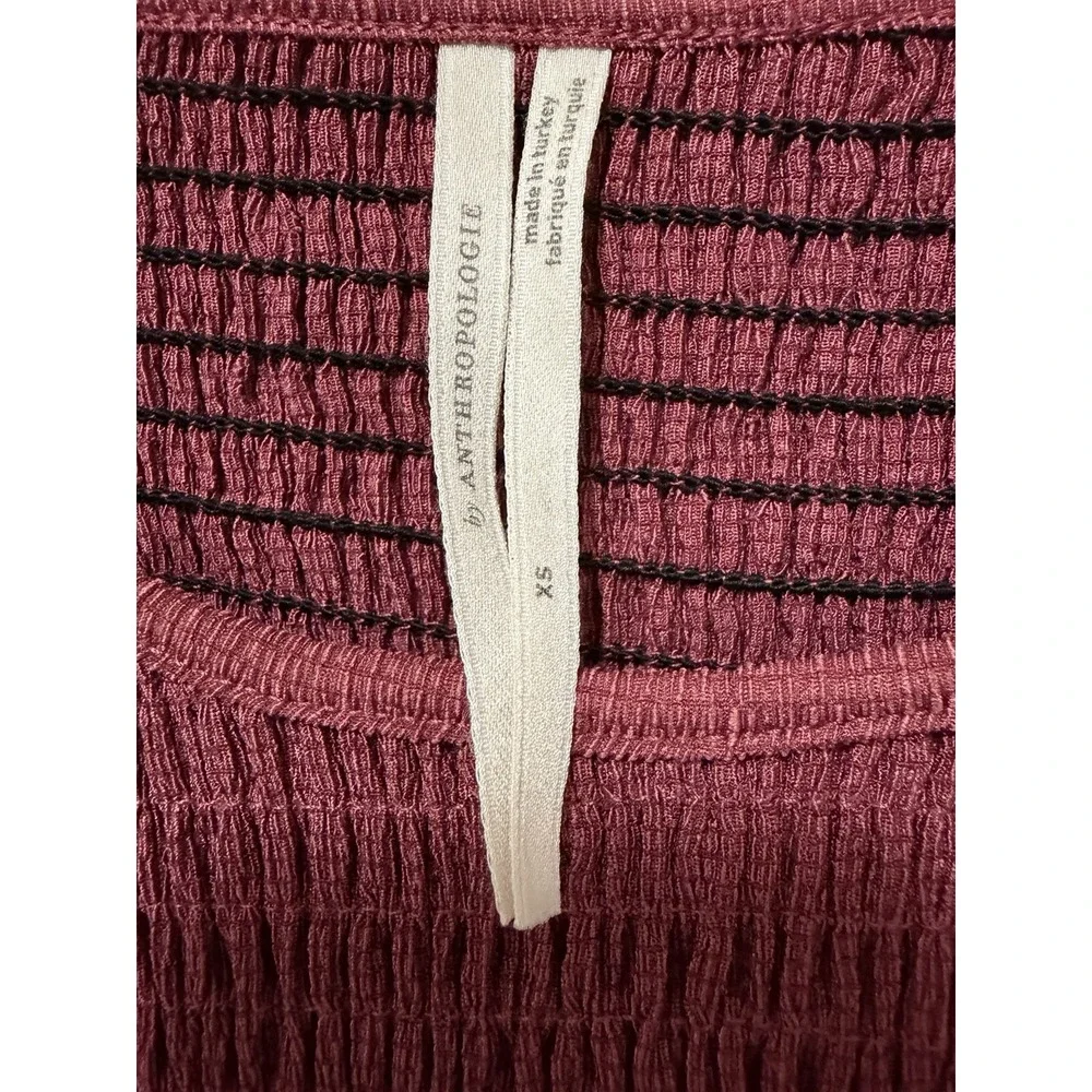 Anthropologie XS Smocked Puff Sleeve Top Burgundy Ruffle Romantic Boho Blouse